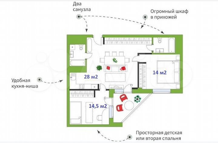 3-к. квартира, 68 м², 7/14 эт.