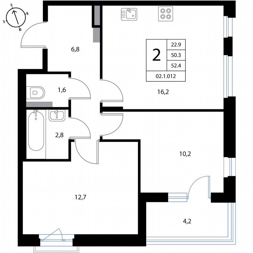 2-к. квартира, 52,4 м², 2/3 эт.