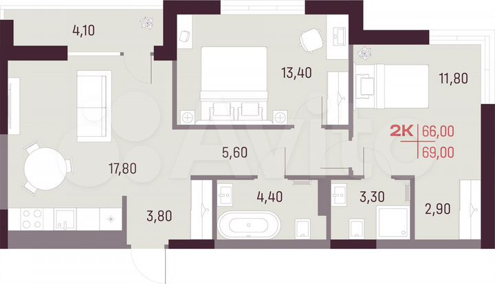 2-к. квартира, 66 м², 6/25 эт.