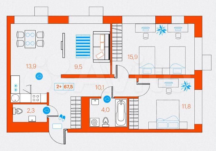 2-к. квартира, 67,5 м², 5/9 эт.