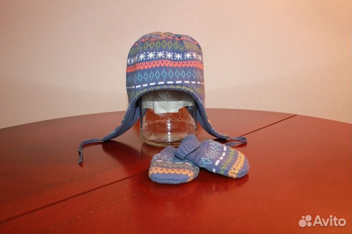 Шапка Mothercare с завязками и варежки от 0 размер