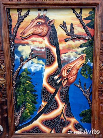 Картина. Новая. Индонезия. Объёмная резьба. 78*58