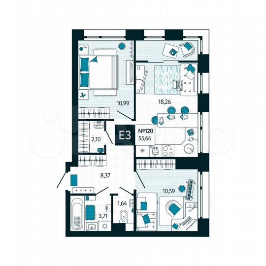 2-к. квартира, 55,7 м², 11/15 эт.