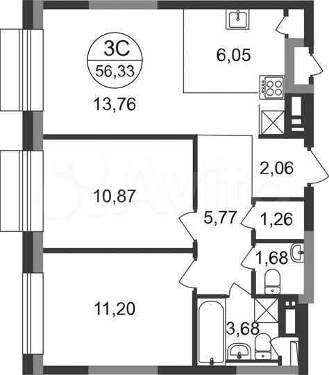 3-к. квартира, 56,3 м², 5/22 эт.
