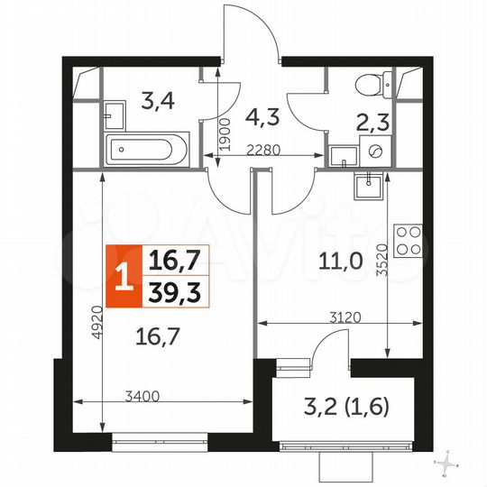 1-к. квартира, 39,3 м², 5/16 эт.