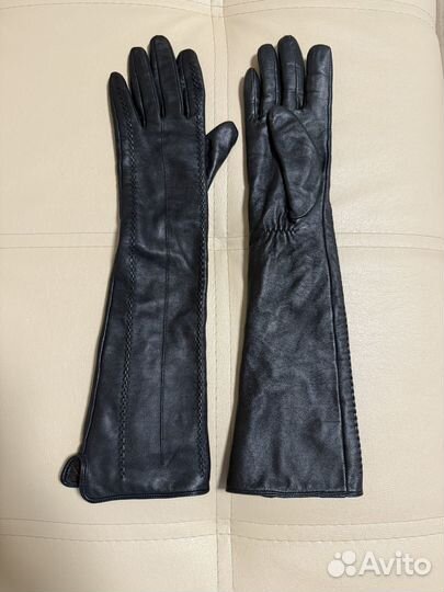 Перчатки женские кожаные черные длинные