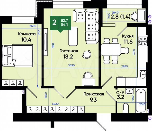 2-к. квартира, 54,1 м², 1/3 эт.
