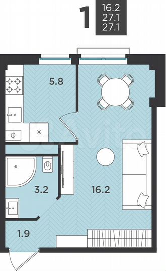 1-к. квартира, 27,1 м², 2/3 эт.