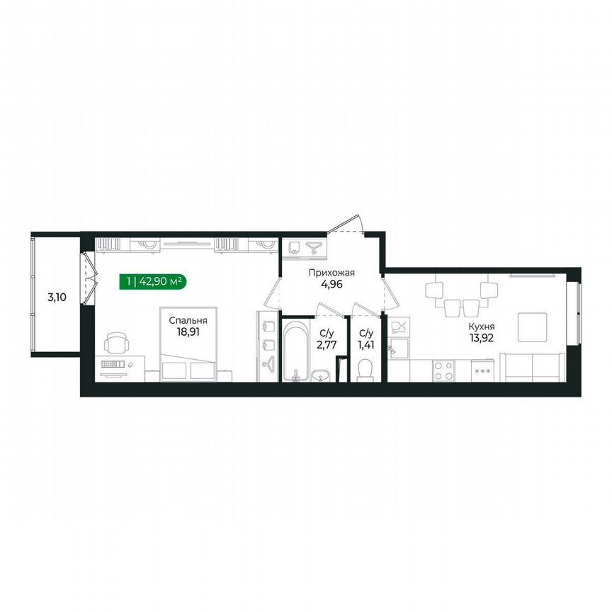 1-к. квартира, 42,9 м², 2/8 эт.
