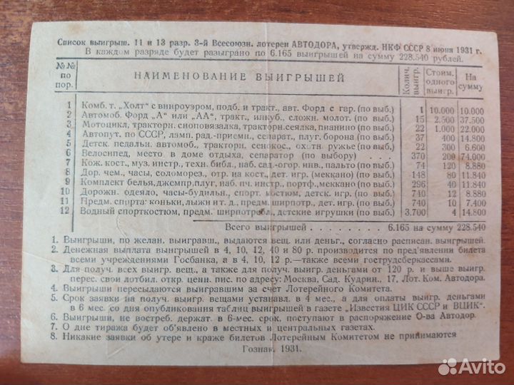 Билет Всесоюз. авто-мото-вело лотер. Автодора 1931