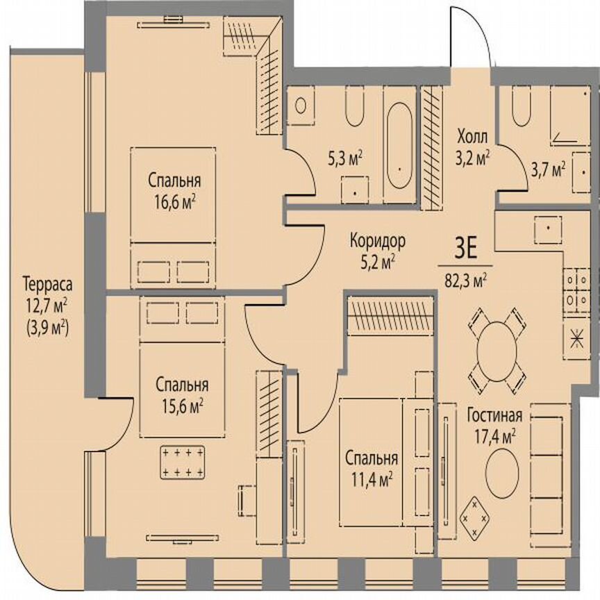 3-к. квартира, 82,3 м², 4/11 эт.