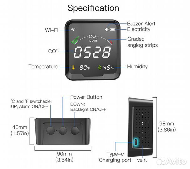 Датчик углекислого газа CO2 Moes 3 в 1 WiFi темпер