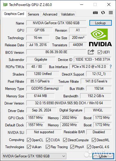 Видеокарта Gigabyte GeForce GTX 1060 WindForce 6Gb