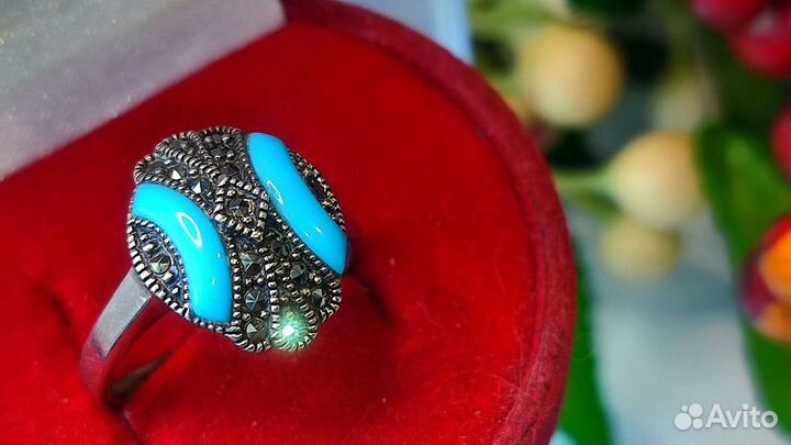 Винтаж СССР кольцо бирюза и марказиты 19,5 раз 925