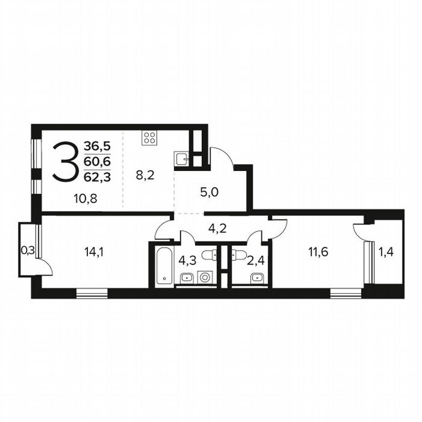 3-к. квартира, 62,3 м², 12/12 эт.