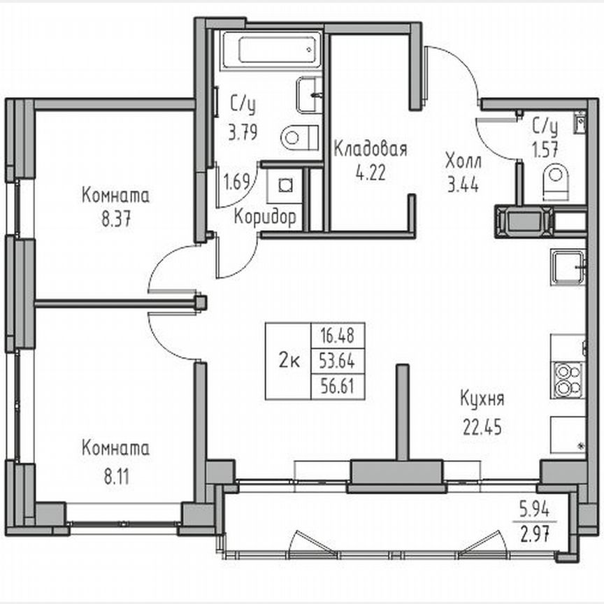 2-к. квартира, 56,6 м², 14/23 эт.