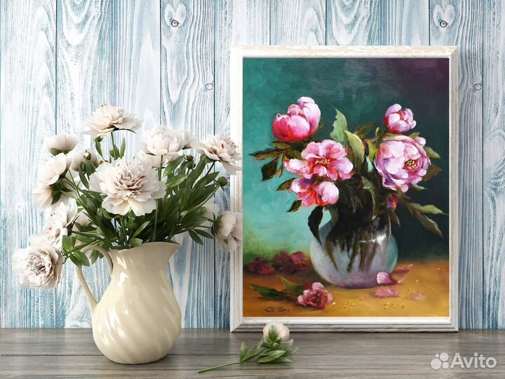 Картина маслом цветы пионы в вазе