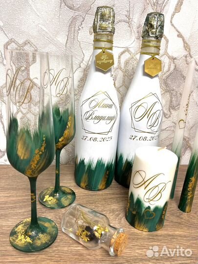 Свадебные украшения,свадебные бутылки, бокалы
