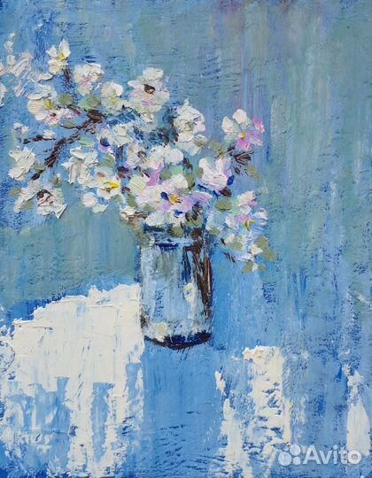 Картина маслом Букет Цветение в небесно-голубом