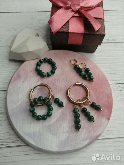 Серьги трансформеры, с подвесками, с Малахитом