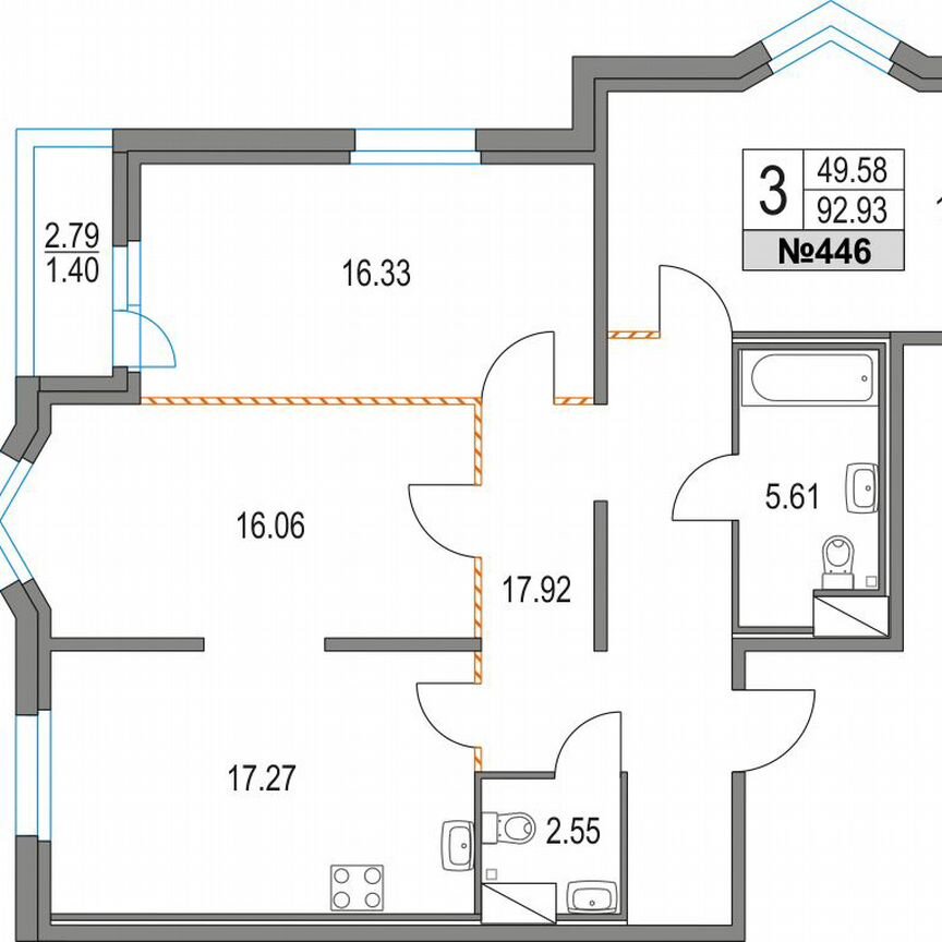 3-к. квартира, 92,9 м², 2/21 эт.