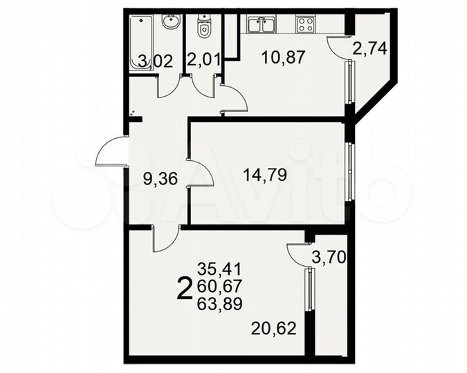 2-к. квартира, 63,9 м², 2/17 эт.