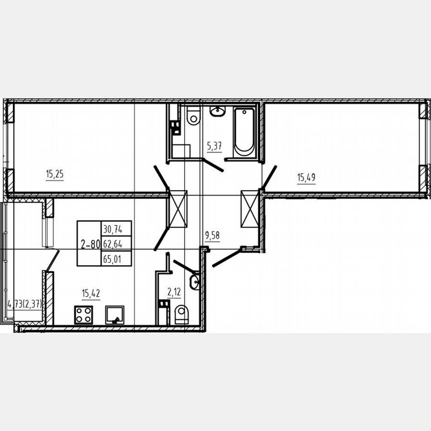 2-к. квартира, 62,6 м², 3/4 эт.