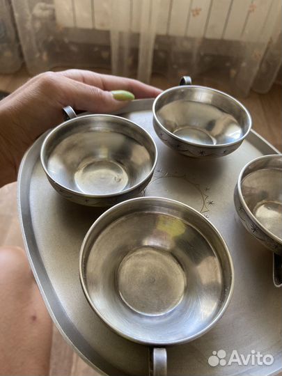 Кофейный набор из мельхиора чашки и поднос