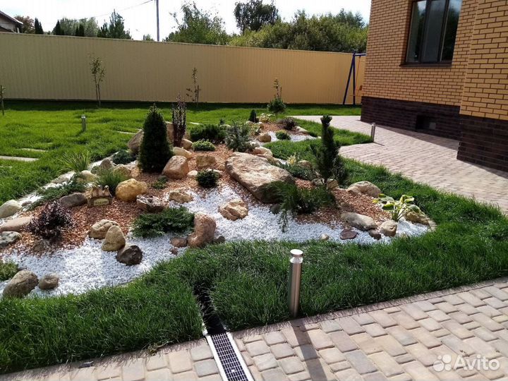 Ландшафтный дизайн, брусчатка, газон