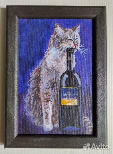 Картина Кот и бутылка 10*15 акрил холст на картоне