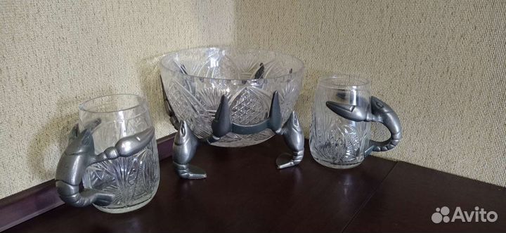Ваза для раков и пивные бокалы хрусталь, металл