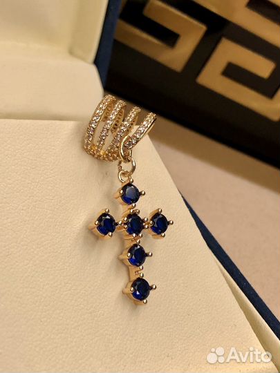 Кафф синий крест фианиты позолота