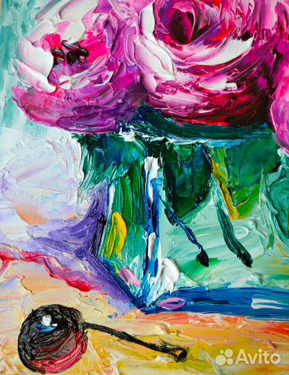 Картина маслом розы в вазе