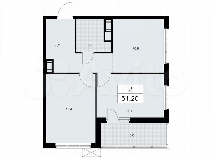 2-к. квартира, 51,2 м², 9/9 эт.