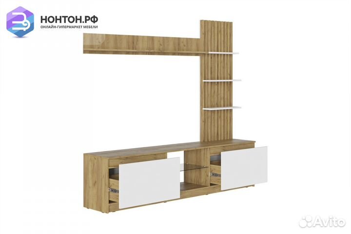 Стенка Бостон дуб крафт золотой / белый глянец