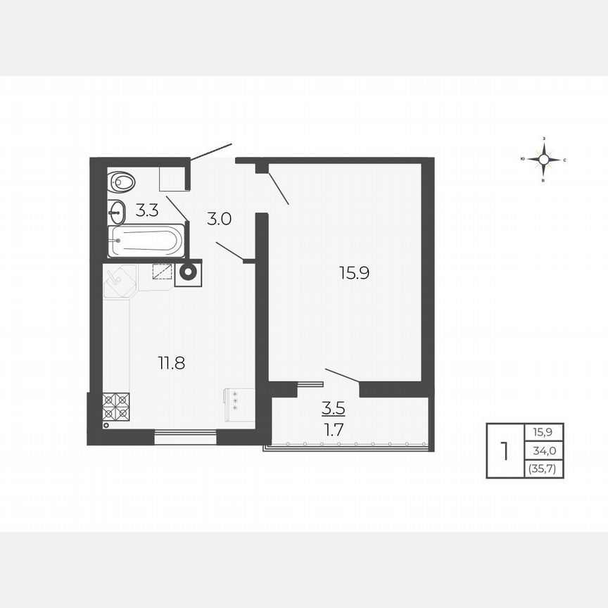 1-к. квартира, 35,7 м², 4/5 эт.