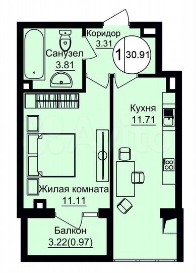 1-к. квартира, 30,4 м², 6/7 эт.
