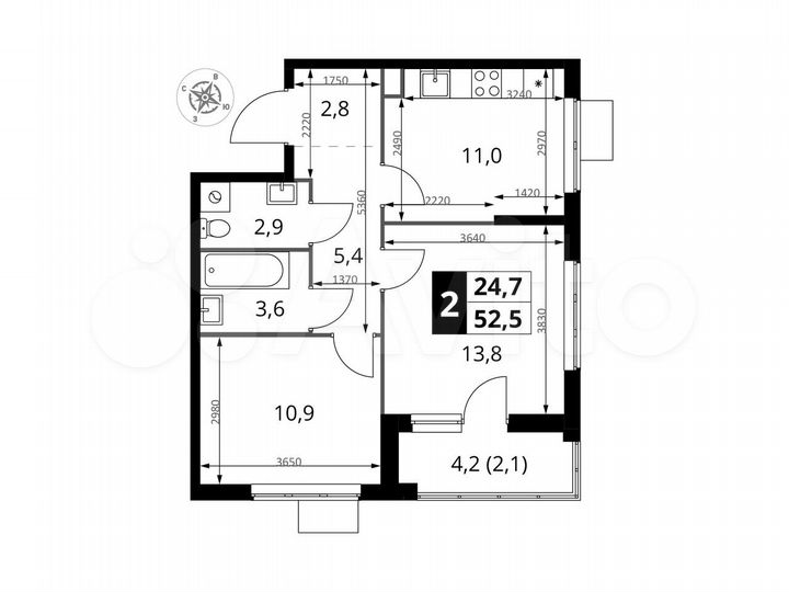 2-к. квартира, 52,5 м², 22/25 эт.