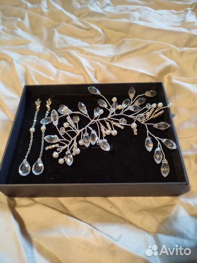 Свадебное украшение, веточка в волосы и серьги