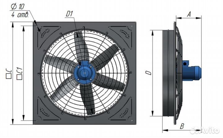Вентилятор осевой промышленный 380V с жалюзи