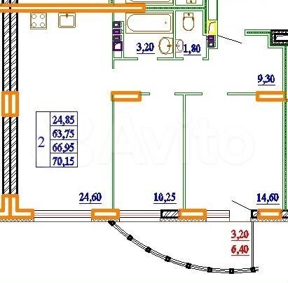 2-к. квартира, 70,2 м², 6/14 эт.