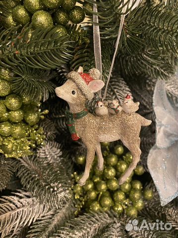 Новогодняя елочная игрушка олененок С птичками