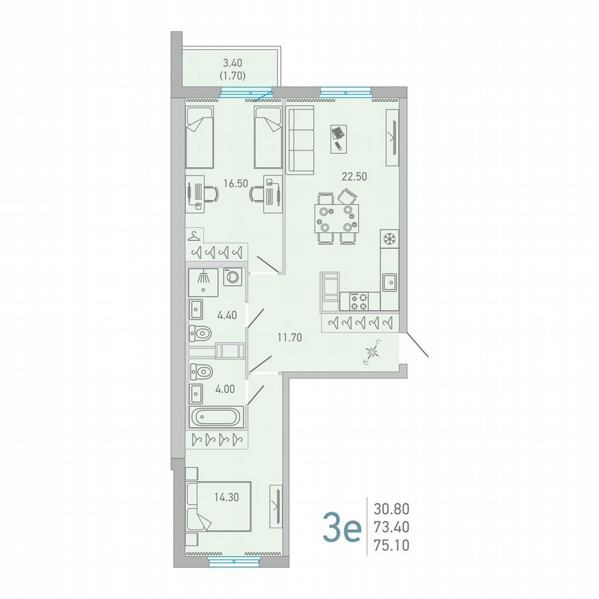 2-к. квартира, 75,1 м², 10/17 эт.