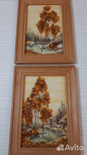 Картина из янтаря в деревянной раме, винтаж