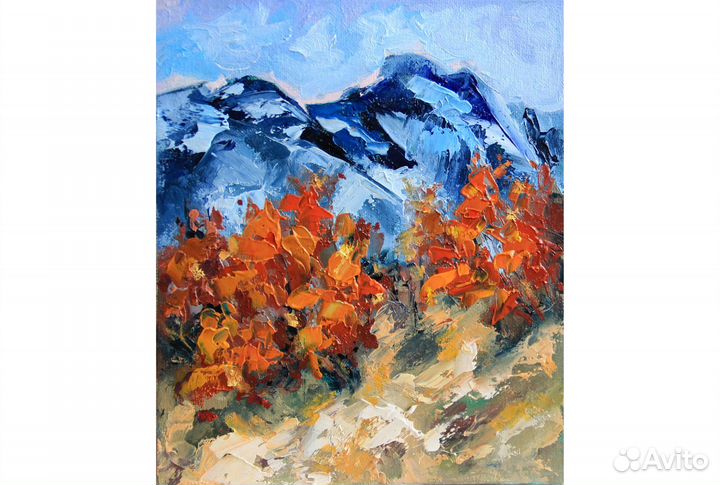 Картина пейзаж с горами и золотая осень