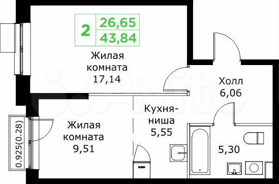 2-к. квартира, 43,8 м², 5/25 эт.