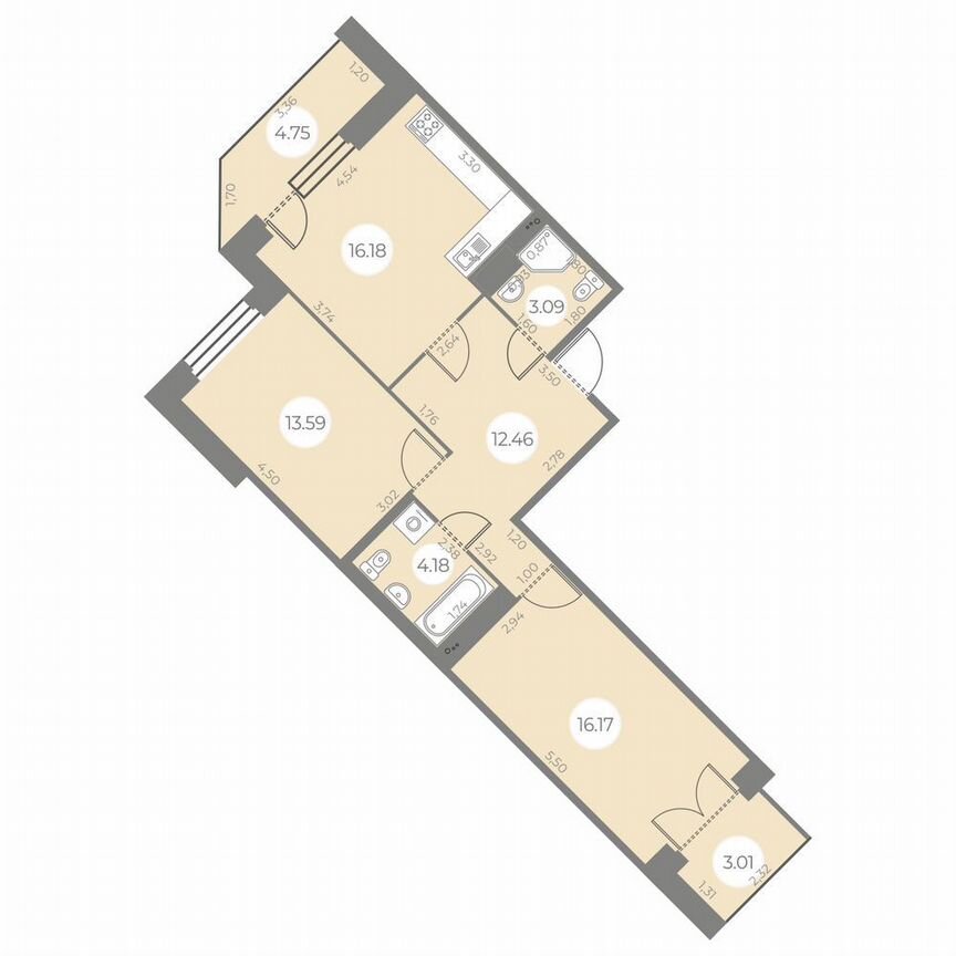 2-к. квартира, 69 м², 16/20 эт.