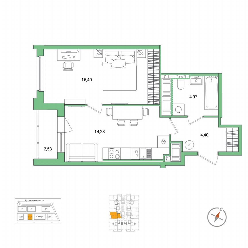 1-к. квартира, 41,4 м², 23/25 эт.