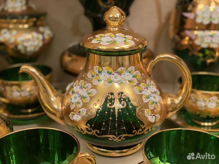 Ваза изумруд 44см. Конфетница. Сервиз Богемия