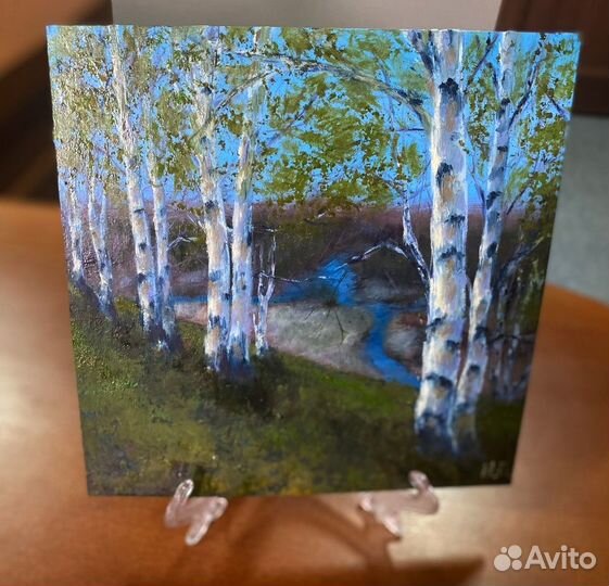 Картина маслом пейзаж 20х20см. Березки весной